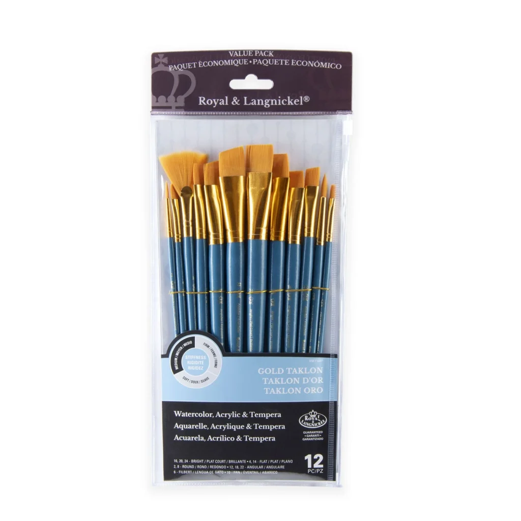 RSET-9307 12 PC GOLDEN TAKLON LONG HANDLE VARIETY BRUSH SET